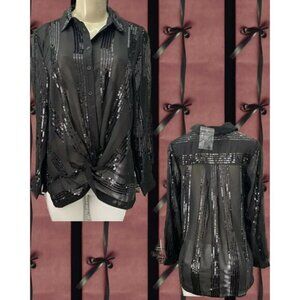 Roaman's 12W Black Sheer Sequin Collar Button Knotted Front Long Sleeve Blouse